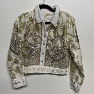 Talisman Embroidered Torero Lace Trim Embellished Jacket off white